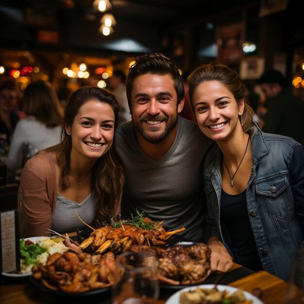 un hombre y dos mujeres posan para una foto con un plato de comida