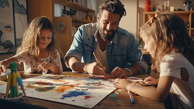 Un hombre y dos niñas participan en una divertida actividad de registro al aire libre el Día del Padre