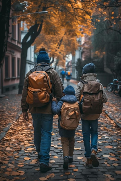 Foto un hombre y dos niños caminando por una calle de adoquines