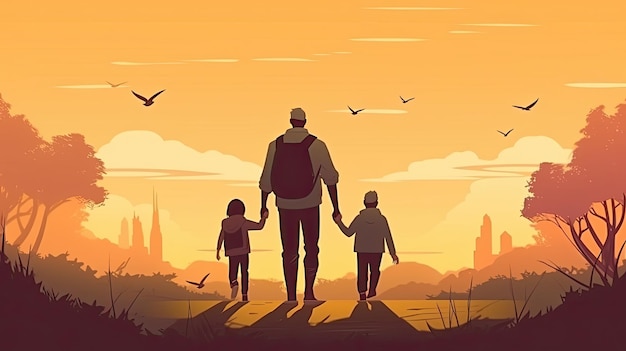 Un hombre y dos niños caminando en un campo con una puesta de sol de fondo.