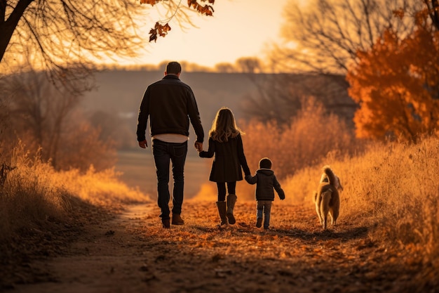 un hombre y dos niños caminando por un sendero en el otoño