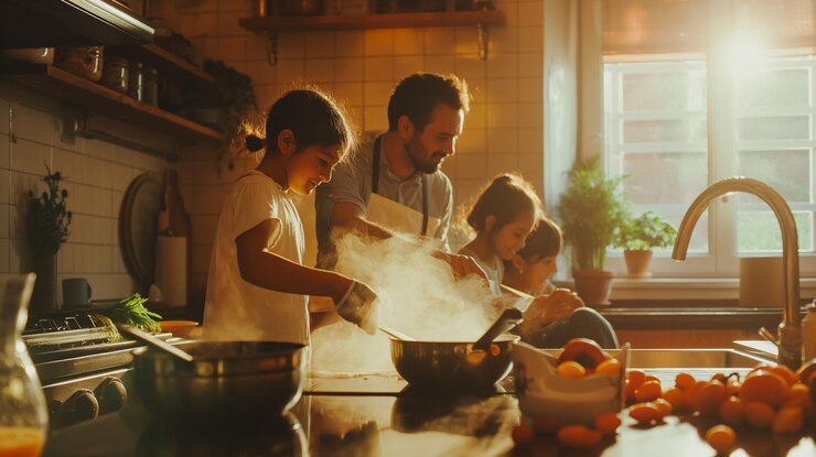 un hombre y dos niños cocinando en una cocina con un hombre y una mujer cocinando con un chef