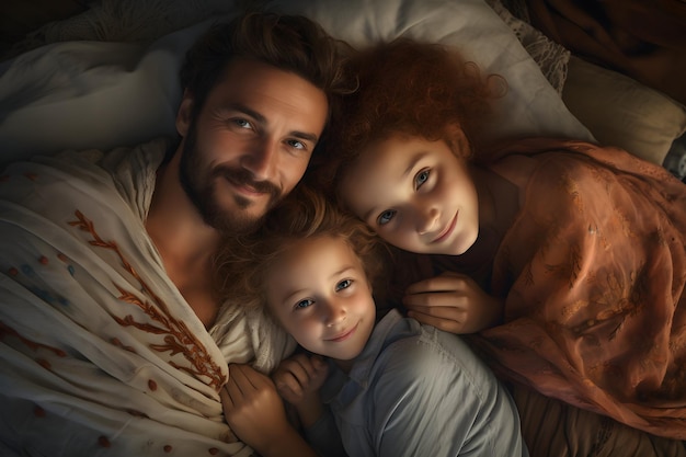 Un hombre y dos niños disfrutan juntos de un momento acogedor en una cama