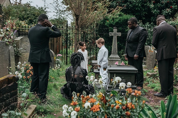 Foto un hombre y dos niños están de pie en un cementerio