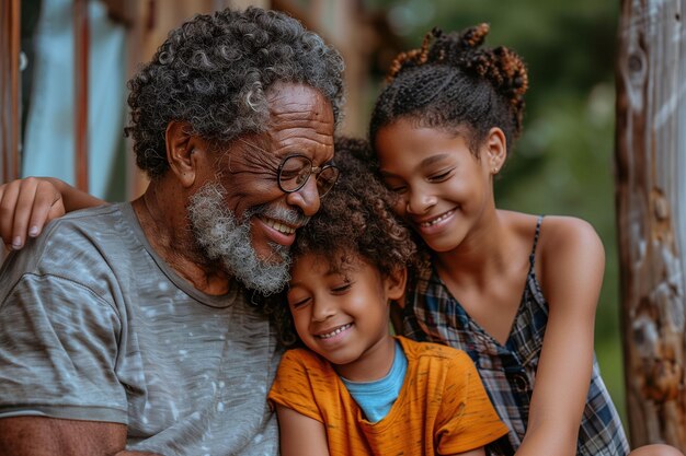 Foto un hombre y dos niños están sentados juntos con el hombre que lleva gafas