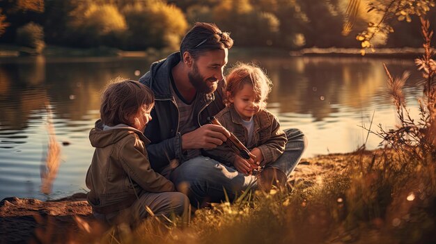 Foto hombre y dos niños pescando en un lago sereno día del padre