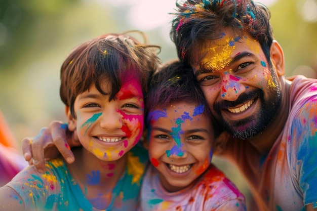 un hombre y dos niños con pintura en todas sus caras