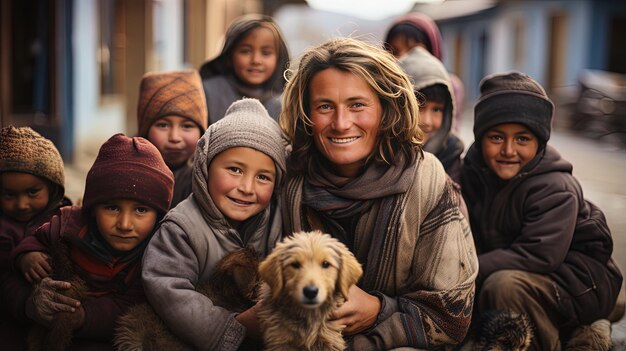 Foto un hombre y dos niños posan para una foto con un perro