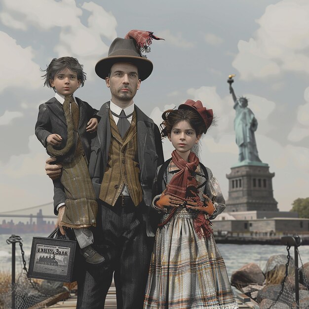 un hombre y dos niños posan para una imagen con la Estatua de la Libertad en el fondo