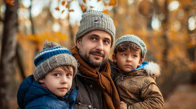 un hombre con dos niños con sombreros y uno con barba y el otro con una bufanda