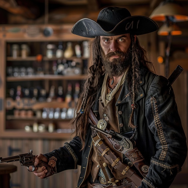 un hombre con dreadlocks y un arma en un bar