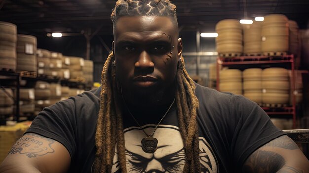 Foto un hombre con dreadlocks y una camiseta con un logotipo en él