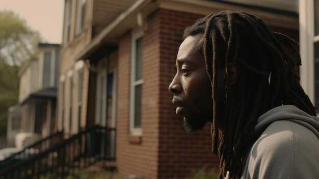 un hombre con dreadlocks se para frente a una casa