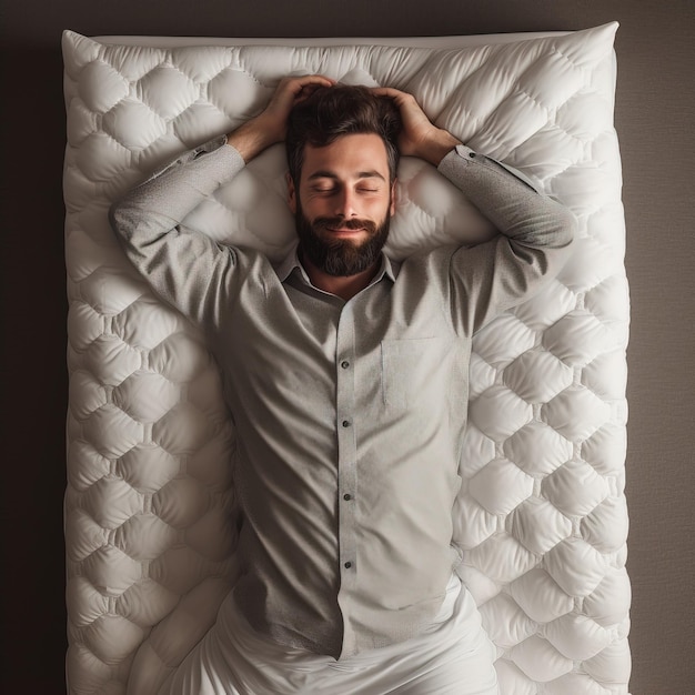 Un hombre duerme en una cama blanca con los ojos cerrados.