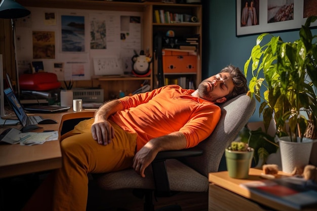 un hombre duerme en una silla con una planta al fondo.