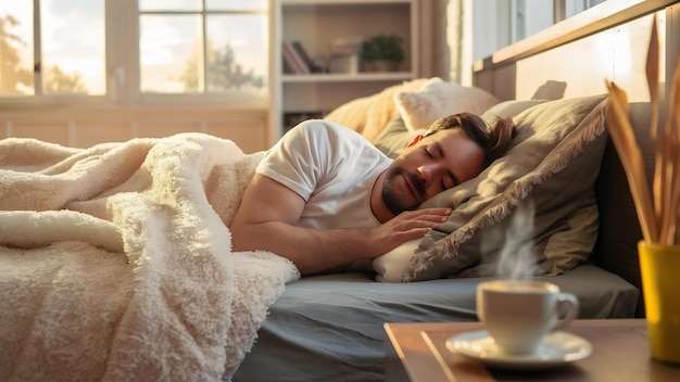 Hombre durmiendo en la cama por la mañana