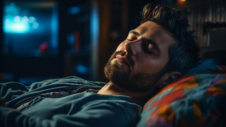 Hombre durmiendo en la cama por la nochegenerativo ai