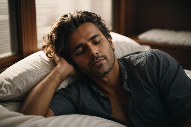 Foto hombre durmiendo en la cómoda cama ar c