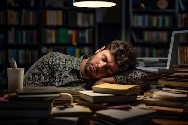 Foto hombre durmiendo en el escritorio en la oficina exceso de trabajo y estrés