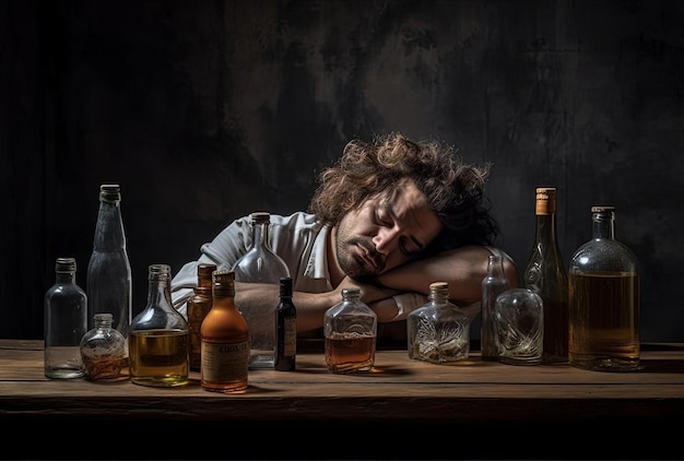 un hombre durmiendo en el lado de una mesa al lado de algunas botellas de bebidas