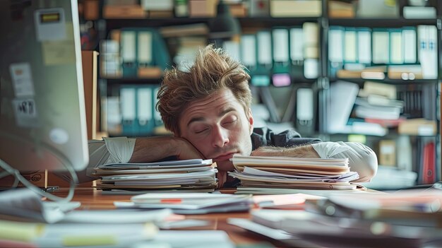 Foto un hombre durmiendo en una mesa con los ojos cerrados