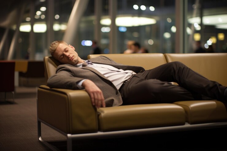 Hombre durmiendo en la sala de espera del aeropuerto