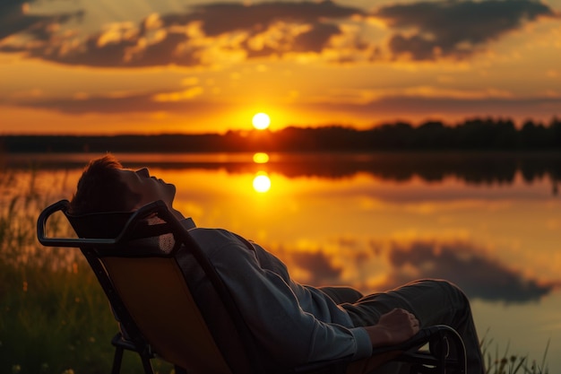 Hombre durmiendo en una silla con el atardecer reflejado en el lago