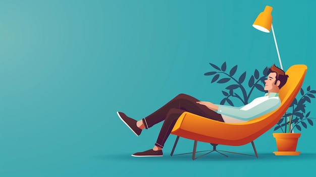un hombre durmiendo en una silla naranja con una planta en el fondo