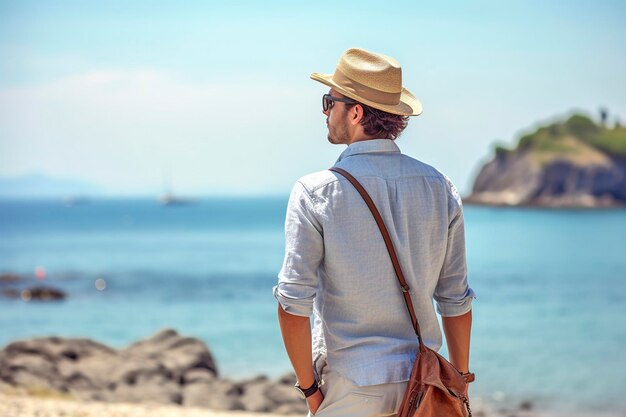 El hombre echa un vistazo al mar relajándose después de un día de trabajo generado por Ai