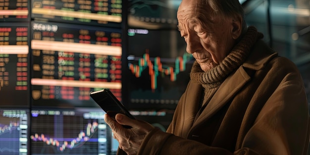 Foto hombre de edad avanzada en un abrigo de lana marrón mirando su teléfono generativa ai