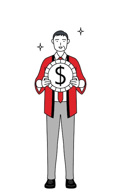 Hombre de edad avanzada con un abrigo rojo feliz con imágenes de ganancias de divisas y apreciación del dólar
