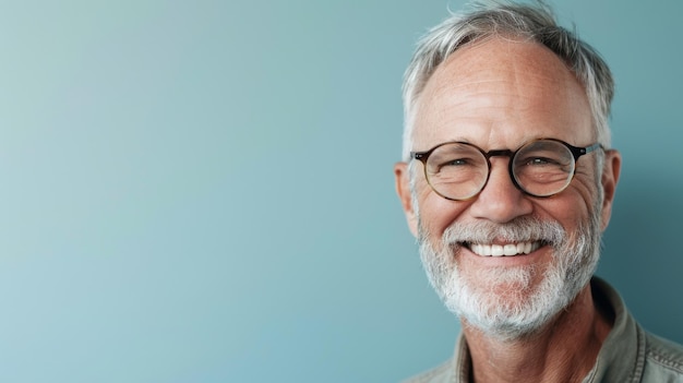 Hombre de edad avanzada alegre con gafas sonriendo con confianza contra un fondo azul suave