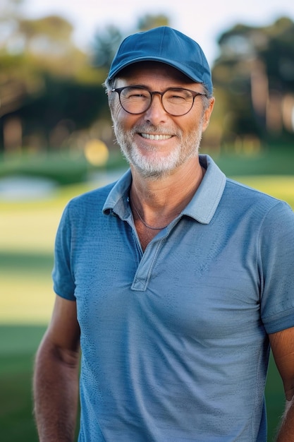 Hombre de edad avanzada alegre en polo azul en el campo de golf