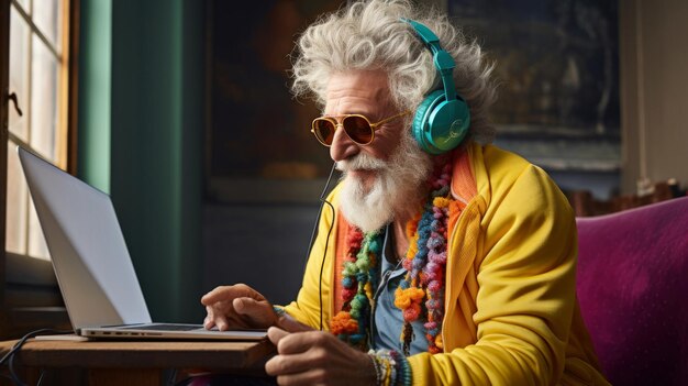 Hombre de edad avanzada con auriculares y trabajando en una computadora portátil en ropa vibrante técnico centrado y elegante anciano