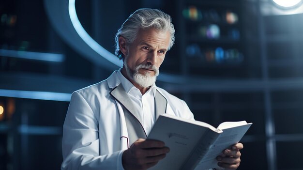 Un hombre de edad avanzada con barba y camisa blanca leyendo un libro en un laboratorio moderno