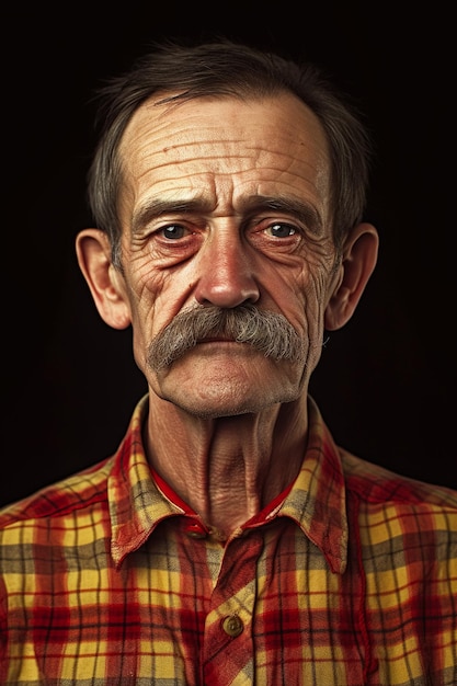 Un hombre de edad avanzada con bigote y una camisa a cuadros colorida mirando directamente a la cámara