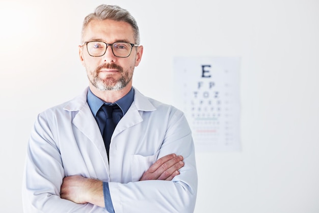 Hombre de edad avanzada brazos cruzados con optometrista en visión de retrato y gafas clínica de cuidado ocular y atención médica Persona masculina oftalmología y salud para los ojos evaluación de la vista y prescripción de lentes