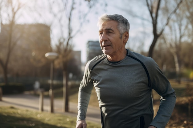 Hombre de edad avanzada con cabello gris manteniéndose en forma corriendo en un parque generativo ai