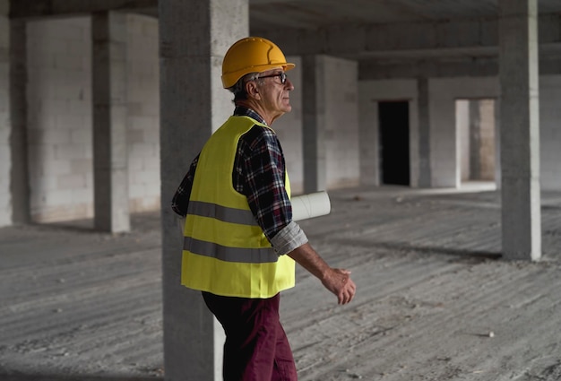 Hombre de edad avanzada caminando y sosteniendo planos en el sitio de construcción