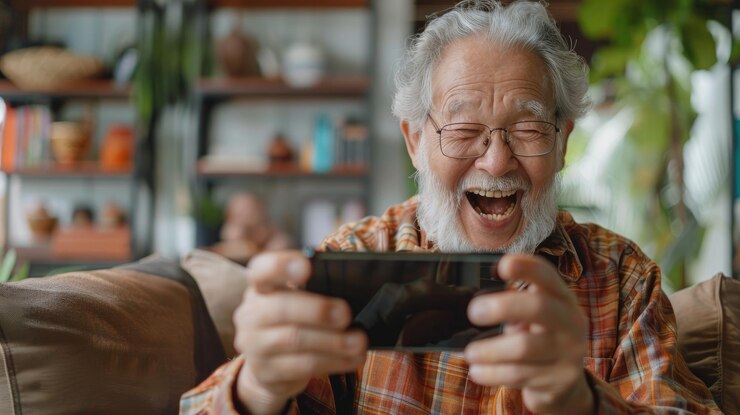 Hombre de edad avanzada celebrando la puntuación perfecta en el juego de teléfono en la sala de estar moderna
