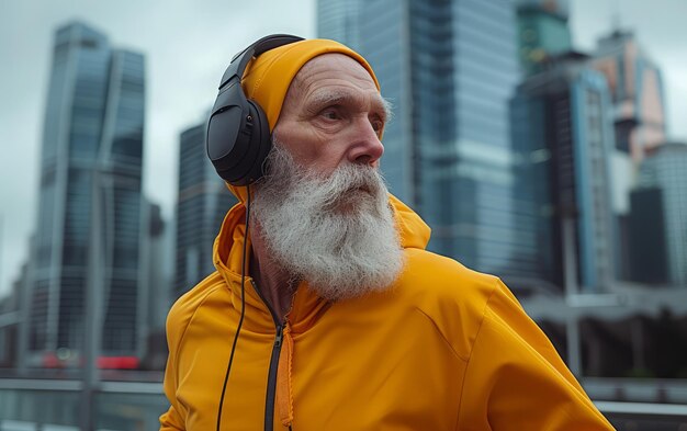 Hombre de edad avanzada corriendo en medio del paisaje urbano con auriculares