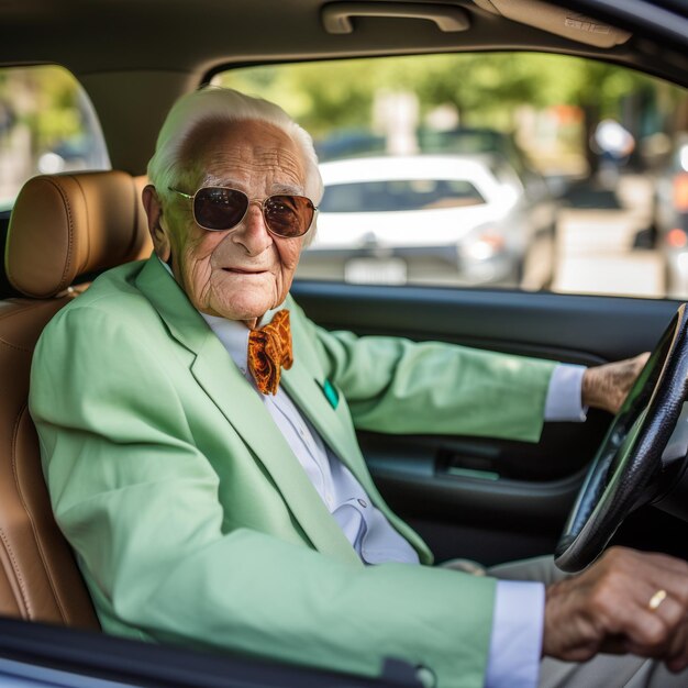 Foto hombre de edad avanzada con estilo conduciendo