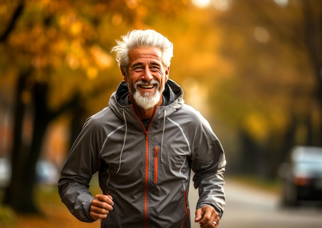 Hombre de edad avanzada feliz corriendo en el parque de otoño entrenamiento en el concepto de la vejez