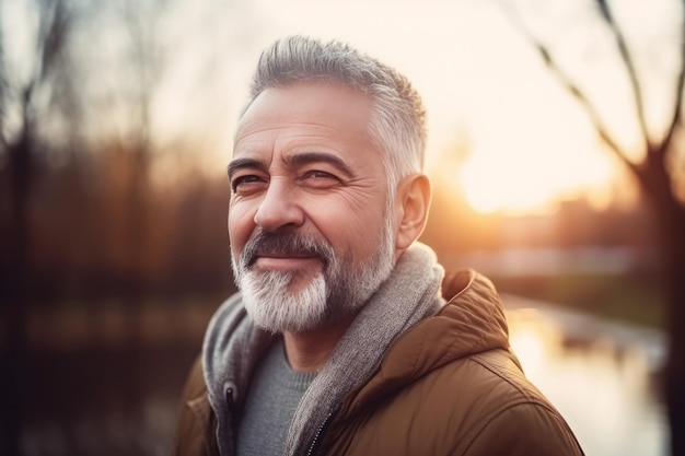 Hombre de edad avanzada en foto al aire libre Hombre con cabello gris sobre fondo natural Generar ai