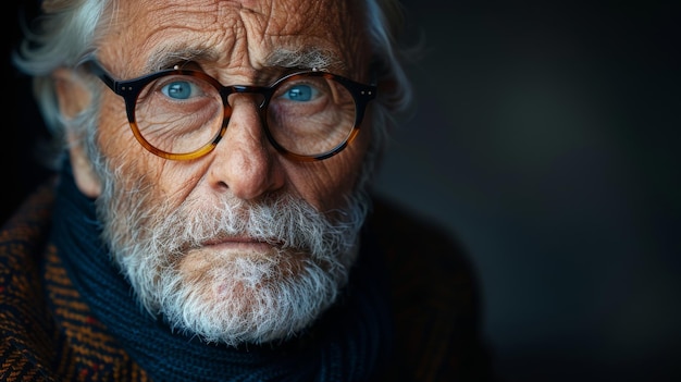 Un hombre de edad avanzada con gafas en un estudio con espacio de copia