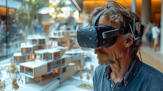 Hombre de edad avanzada con gafas de realidad virtual en un centro comercial Concepto de tecnología y entretenimiento