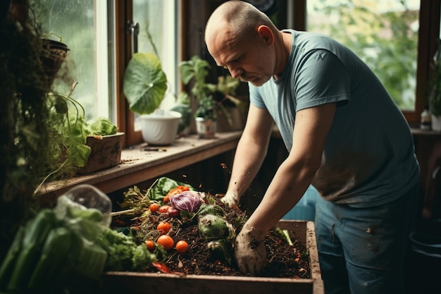 Hombre de edad avanzada haciendo compost en casa aspecto estético