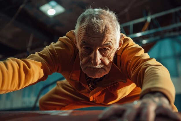 Hombre de edad avanzada haciendo deportes en el estudio de gimnasia