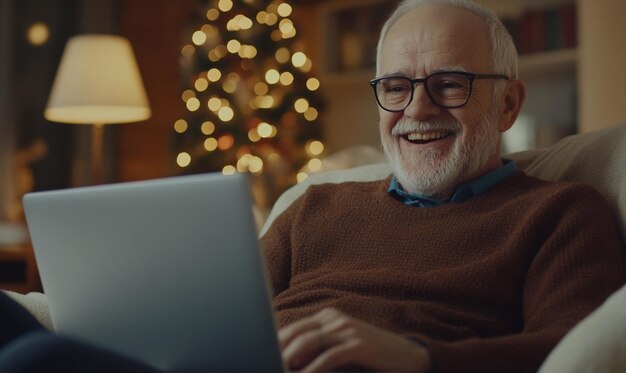 Hombre de edad avanzada riendo de la computadora portátil cerca del árbol de Navidad