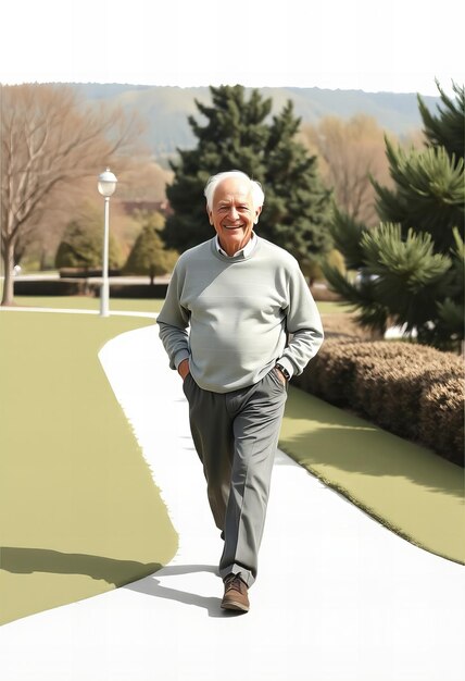 Hombre de edad avanzada con ropa cómoda disfrutando de un paseo tranquilo en el parque